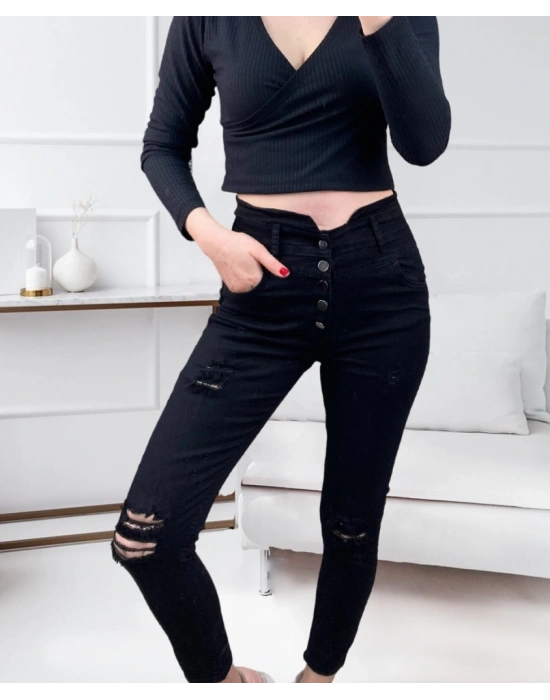 Kadın 5 Düğmeli V Detay Bel Yırtık Kot