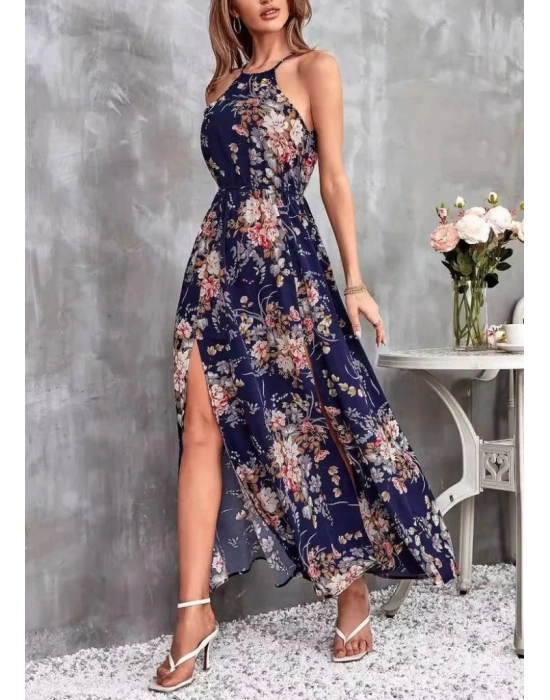 Kadın Açık Omuz Halter Yaka Beli Lastikli Büzgü Detay önden Yırtmaçlı çiçek Desenli Süprem Elbise