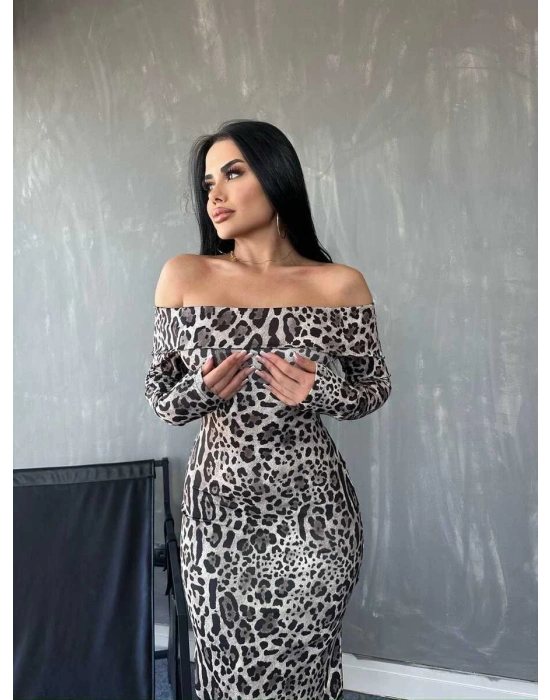 Kadın Madonna Yaka Dalgıç Kumaş Leopar Desen Maxi Boy Derin Yırtmaçlı Elbise