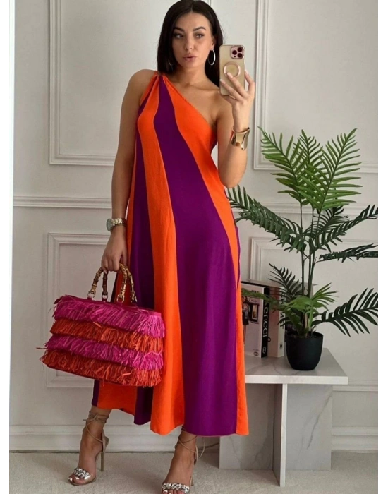 Kadın Aerobin Kumaş Parçalı Omuz Detay Maxi Boy Elbise