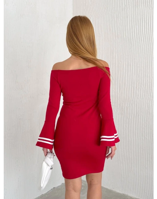 Kadın Akrilik Kumaş Ispanyol Kol Madonna Yaka Mini Elbise