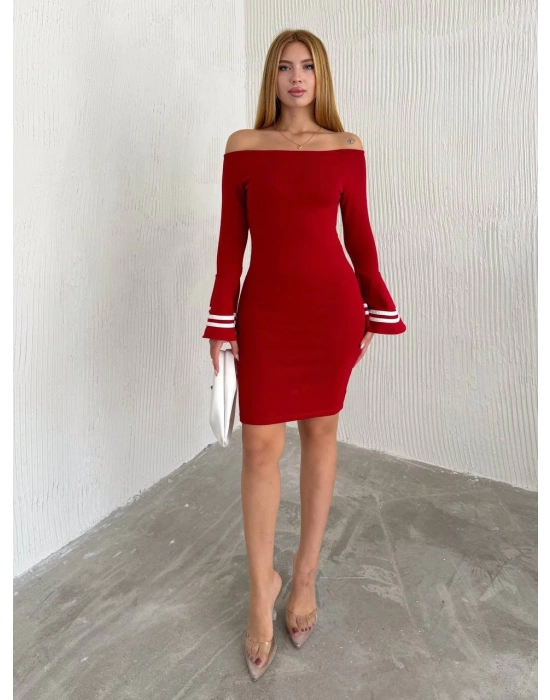 Kadın Akrilik Kumaş Ispanyol Kol Madonna Yaka Mini Elbise