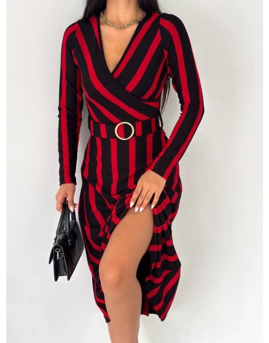 Kadın Akrilik Kumaş Kruvaze Yaka Kemerli Uzun Kollu çizgili Midi Boy Elbise