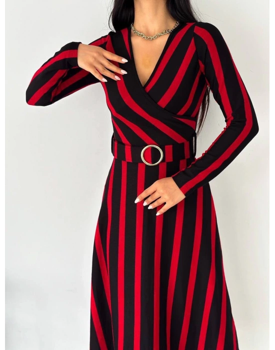 Kadın Akrilik Kumaş Kruvaze Yaka Kemerli Uzun Kollu çizgili Midi Boy Elbise