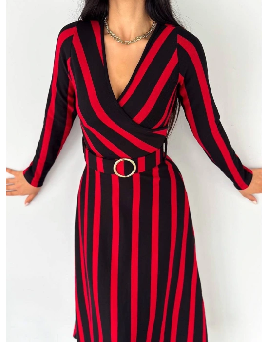 Kadın Akrilik Kumaş Kruvaze Yaka Kemerli Uzun Kollu çizgili Midi Boy Elbise