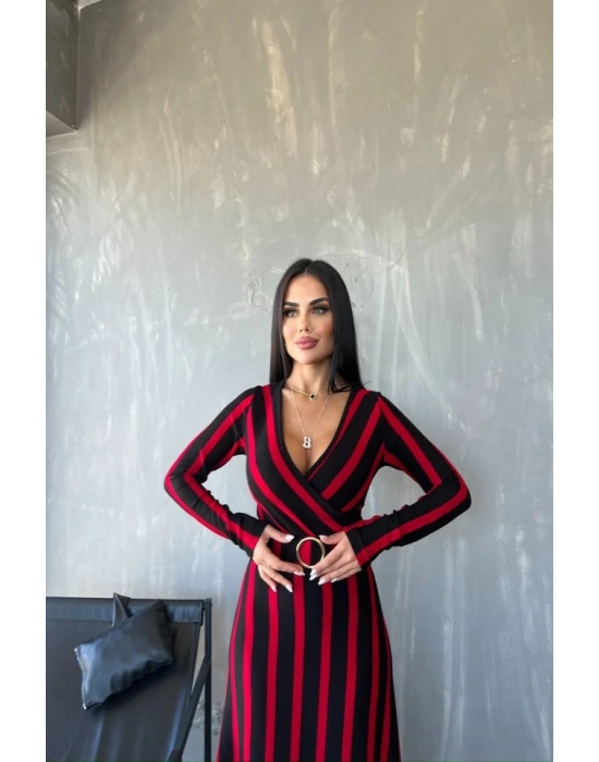 Kadın Akrilik Kumaş Kruvaze Yaka Kemerli Uzun Kollu çizgili Midi Boy Elbise