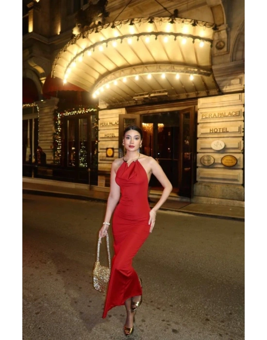 Kadın Aksesuarlı Halter Yaka ırt Dekolte Detay axi Boy Elbise