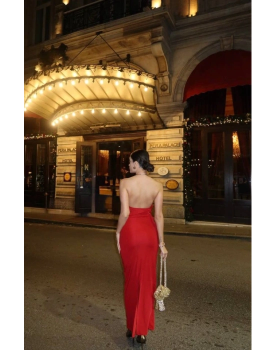 Kadın Aksesuarlı Halter Yaka ırt Dekolte Detay axi Boy Elbise