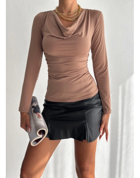 Kadın andy Kumaş Degaje Yaka Uzun Kollu Bluz