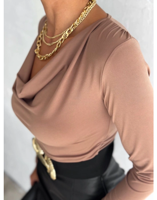 Kadın andy Kumaş Degaje Yaka Uzun Kollu Bluz