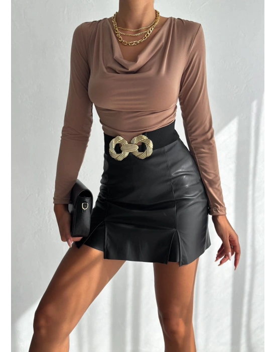 Kadın andy Kumaş Degaje Yaka Uzun Kollu Bluz