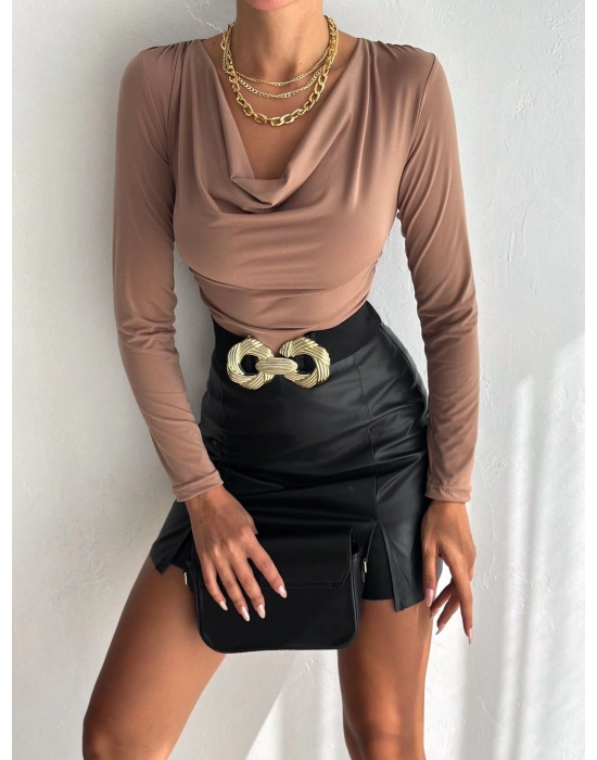 Kadın andy Kumaş Degaje Yaka Uzun Kollu Bluz