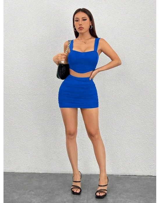 Kadın andy Kumaş Kalın Askılı Crop Ve Büzgülü Etek Takım