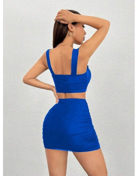 Kadın andy Kumaş Kalın Askılı Crop Ve Büzgülü Etek Takım