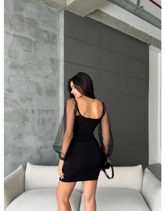 Kadın andy Kumaş Kolları Tül Detaylı Mini Boy Elbise