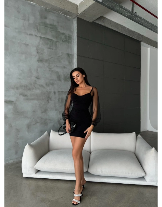 Kadın andy Kumaş Kolları Tül Detaylı Mini Boy Elbise