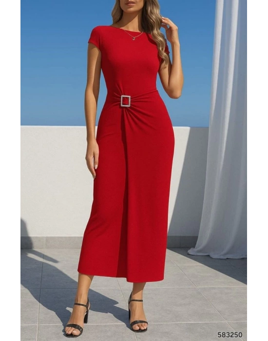 Kadın andy Kumaş Metal Toka Detaylı Midi Boy Elbise