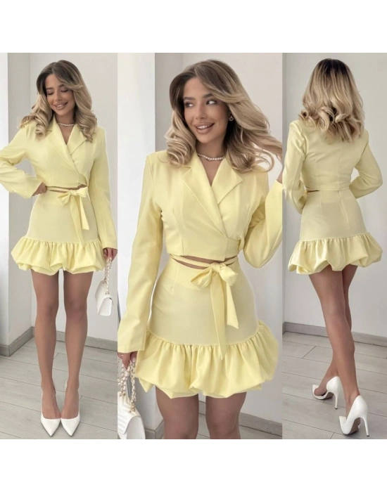 Kadın anşet Yaka Detay Göbek Bağcıklı Ceket Ve Volanlı Etek Takım