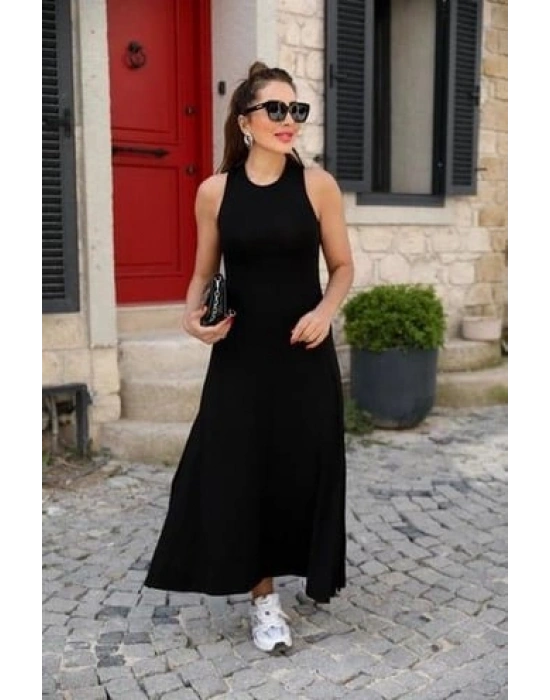 Kadın Arkadan çapraz Detay Yuvarlak Yaka Maksi Viskon Elbise