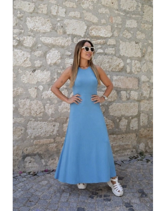 Kadın Arkadan çapraz Detay Yuvarlak Yaka Maksi Viskon Elbise