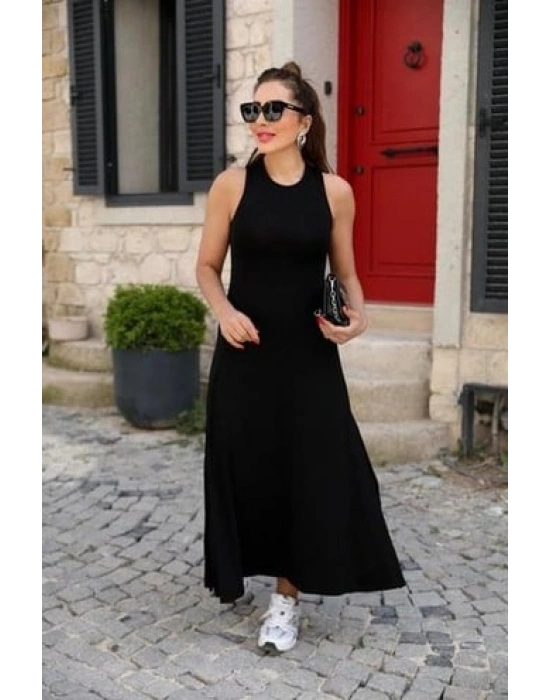 Kadın Arkadan çapraz Detay Yuvarlak Yaka Maksi Viskon Elbise