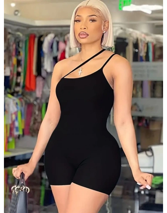 Kadın Asimetrik Askılı Mini Kaşkorse Bodycon Tulum