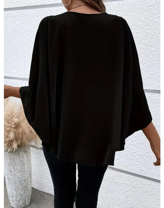 Kadın Asimetrik Pelerin Kollu Yuvarlak Yaka Salaş Sandy Bluz