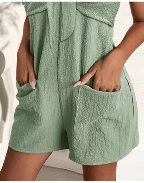 Kadın Askı Aksesuarlı önü Bağlama Detay Salopet şort Tulum