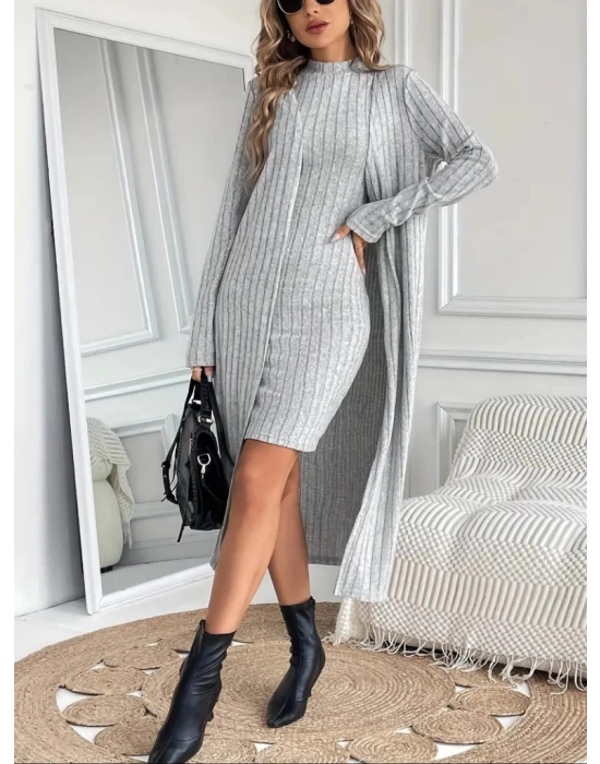 Kadın Askılı Balıkçı Yaka Kısa şardonlu Kaşkorse Elbise Ve Uzun Kollu Ceket Ikili Takım