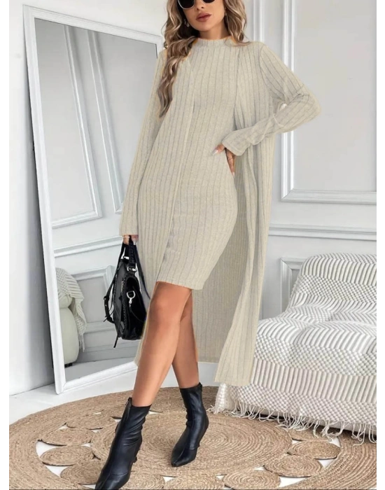 Kadın Askılı Balıkçı Yaka Kısa şardonlu Kaşkorse Elbise Ve Uzun Kollu Ceket Ikili Takım