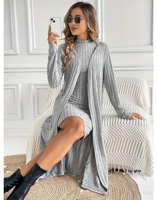 Kadın Askılı Balıkçı Yaka Kısa şardonlu Kaşkorse Elbise Ve Uzun Kollu Ceket Ikili Takım