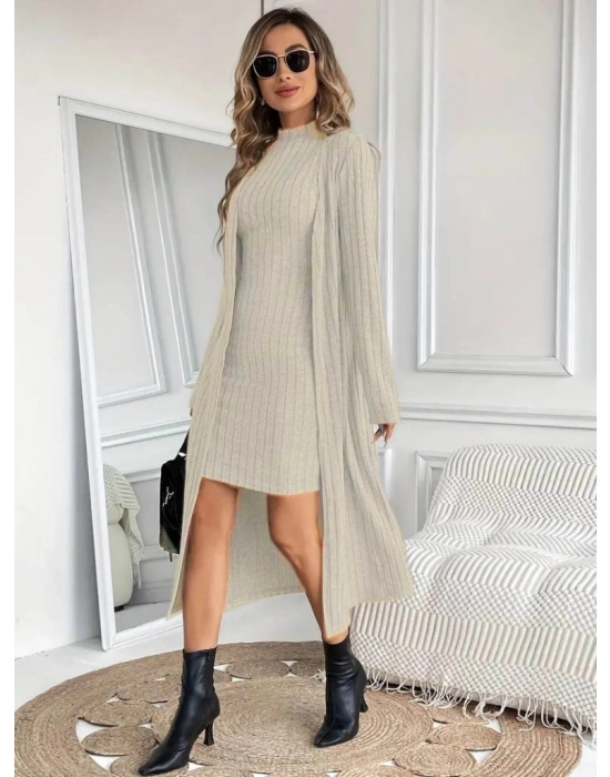 Kadın Askılı Balıkçı Yaka Kısa şardonlu Kaşkorse Elbise Ve Uzun Kollu Ceket Ikili Takım