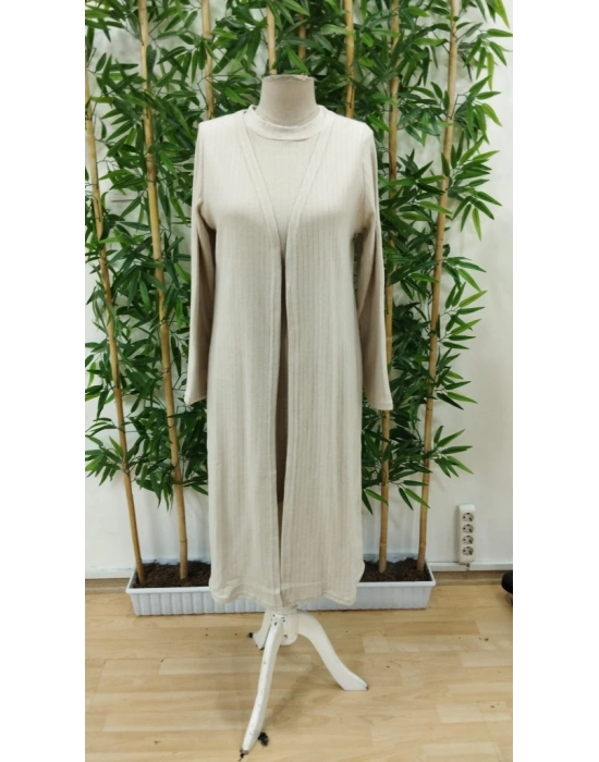 Kadın Askılı Balıkçı Yaka Kısa şardonlu Kaşkorse Elbise Ve Uzun Kollu Ceket Ikili Takım