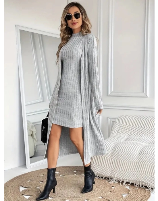 Kadın Askılı Balıkçı Yaka Kısa şardonlu Kaşkorse Elbise Ve Uzun Kollu Ceket Ikili Takım