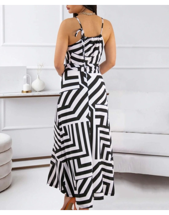 Kadın Askılı Belden Bağlamalı Geometrik Desen Krep Elbise