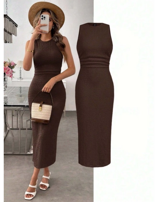 Kadın Askılı Bisiklet Yaka Beli Büzgülü Uzun Bürümcük Elbise