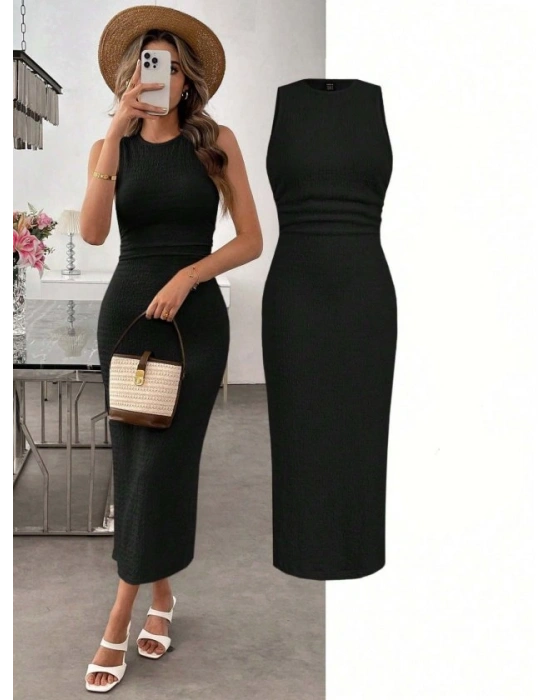 Kadın Askılı Bisiklet Yaka Beli Büzgülü Uzun Bürümcük Elbise