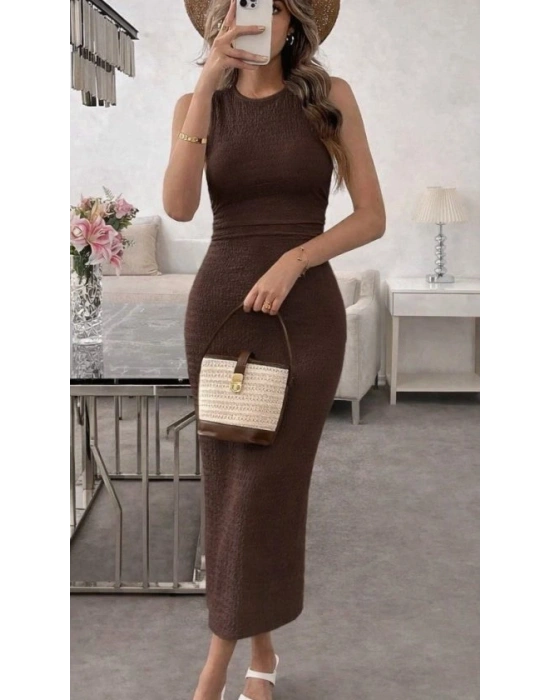 Kadın Askılı Bisiklet Yaka Beli Büzgülü Uzun Bürümcük Elbise