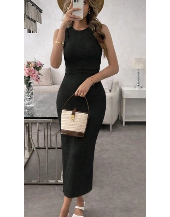 Kadın Askılı Bisiklet Yaka Beli Büzgülü Uzun Bürümcük Elbise