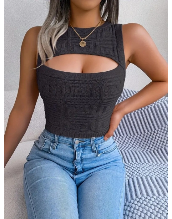 Kadın Askılı Bisiklet Yaka Güpüs Dekolteli Triko Crop Bluz