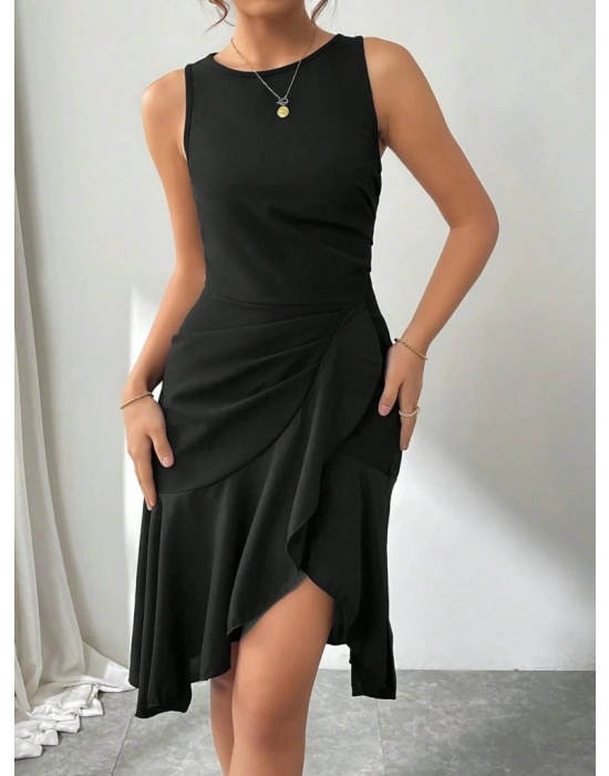 Kadın Askılı Bisiklet Yaka önden Fırfırlı Kısa Ithal Krep Elbise
