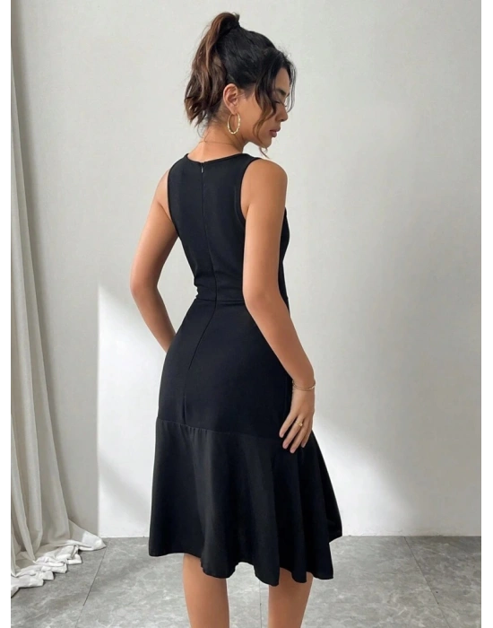 Kadın Askılı Bisiklet Yaka önden Fırfırlı Kısa Ithal Krep Elbise
