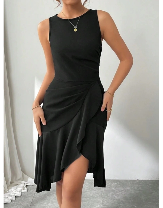 Kadın Askılı Bisiklet Yaka önden Fırfırlı Kısa Ithal Krep Elbise
