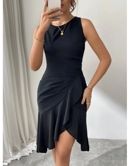 Kadın Askılı Bisiklet Yaka önden Fırfırlı Kısa Ithal Krep Elbise