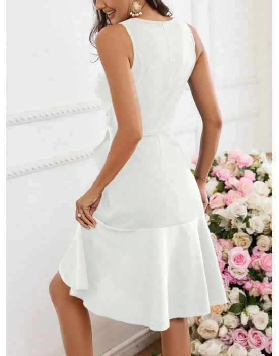 Kadın Askılı Bisiklet Yaka önden Fırfırlı Kısa Ithal Krep Elbise
