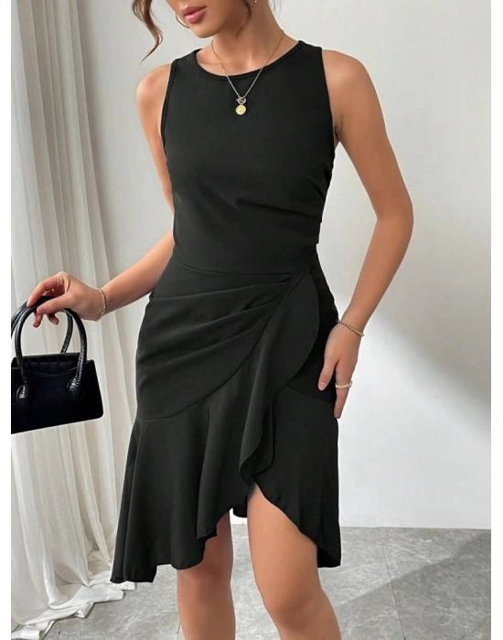 Kadın Askılı Bisiklet Yaka önden Fırfırlı Kısa Ithal Krep Elbise
