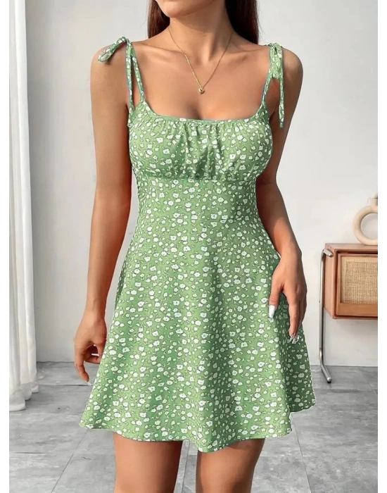 Kadın Askılı Büzgü Detaylı Kare Yaka çiçek Desenli Mini Süprem Elbise