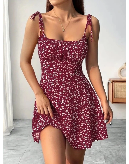 Kadın Askılı Büzgü Detaylı Kare Yaka çiçek Desenli Mini Süprem Elbise