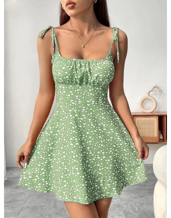 Kadın Askılı Büzgü Detaylı Kare Yaka çiçek Desenli Mini Süprem Elbise