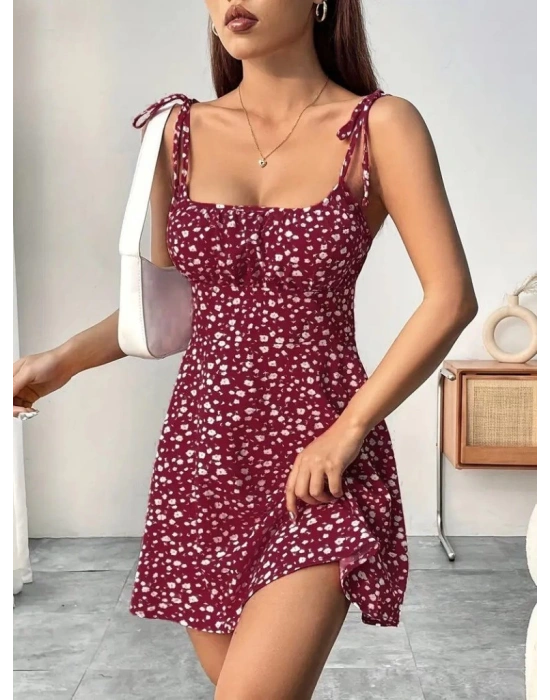 Kadın Askılı Büzgü Detaylı Kare Yaka çiçek Desenli Mini Süprem Elbise